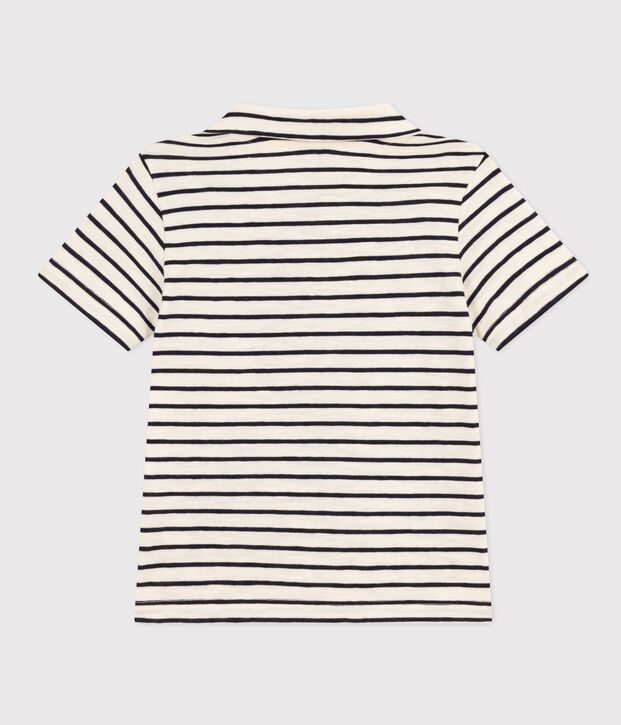 Polo manches courtes en coton enfant gar&ccedil;on &eacute;cru/bleu