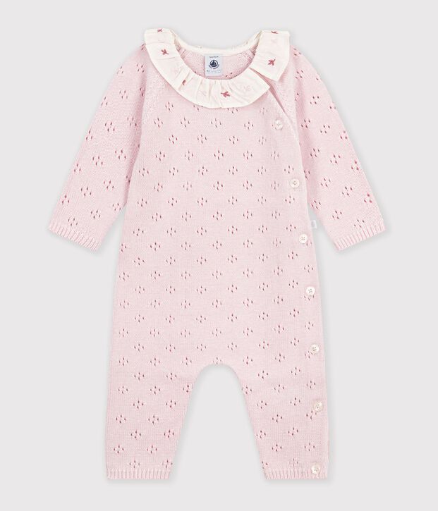 Combinaison b&eacute;b&eacute; en tricot laine et coton &agrave; col uni rose clair