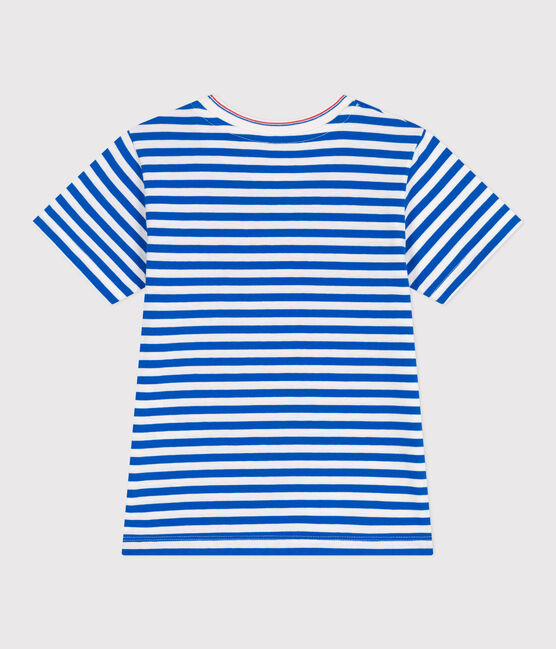 Katoenen kinder-T-shirt met korte mouw en streepjes blauw PORCELANA/ MARSHMALLOW