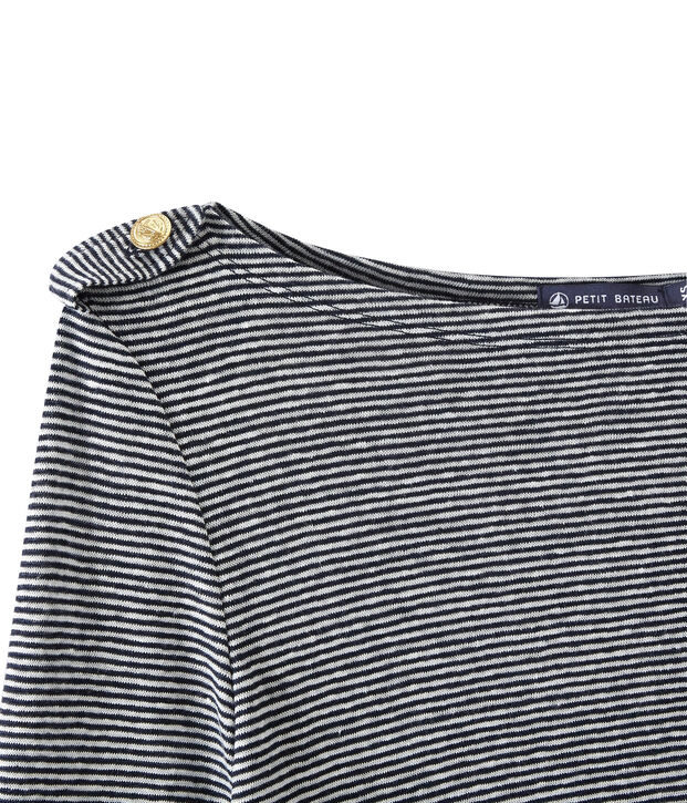 T-shirt femme manches longues en lin ray&eacute; bleu/blanc