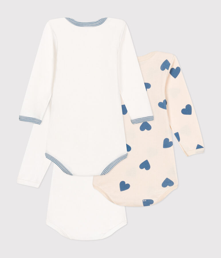 Lot de 3 bodies manches longues c&oelig;urs bleu en coton b&eacute;b&eacute; multicouleur