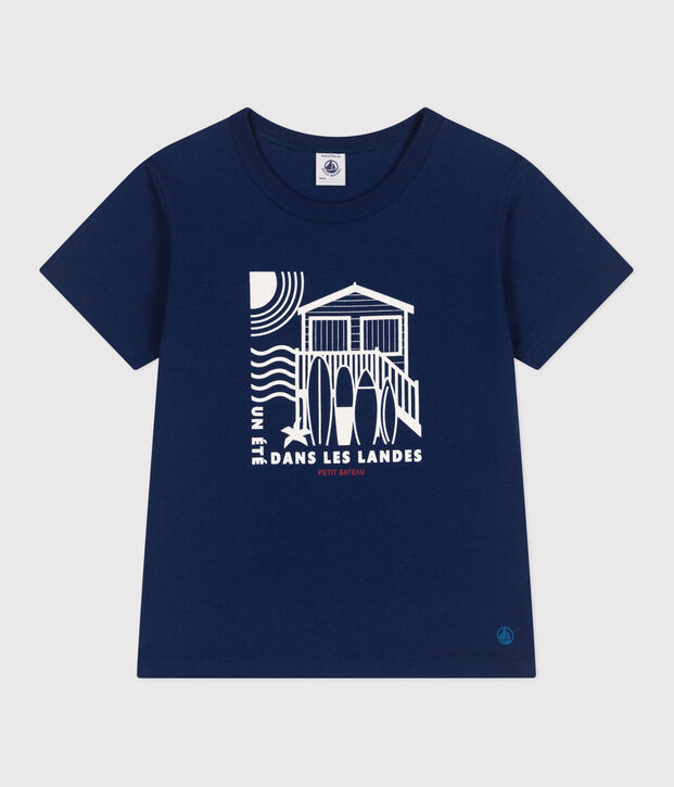 Tee-shirt enfant en coton manches courtes imprim&eacute; bleu fonc&eacute;