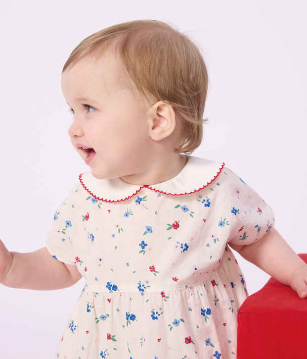 Robe b&eacute;b&eacute; en coton manches courtes et son bloomer imprim&eacute;s fleurs blanc/multicouleur