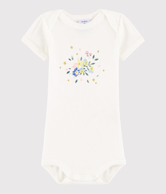 Rompertje met korte mouwen babymeisje wit MARSHMALLOW/roze PETAL