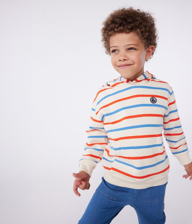 Uniseks katoenen sweatshirt met kap en streepjes voor kinderen ecru/multicouleur