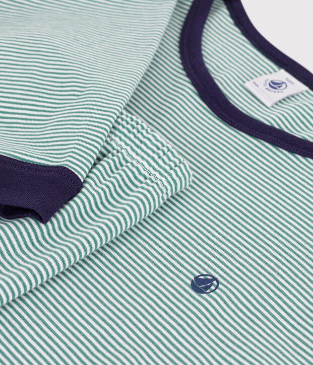 Pyjama enfant en coton &agrave; rayures vert/blanc