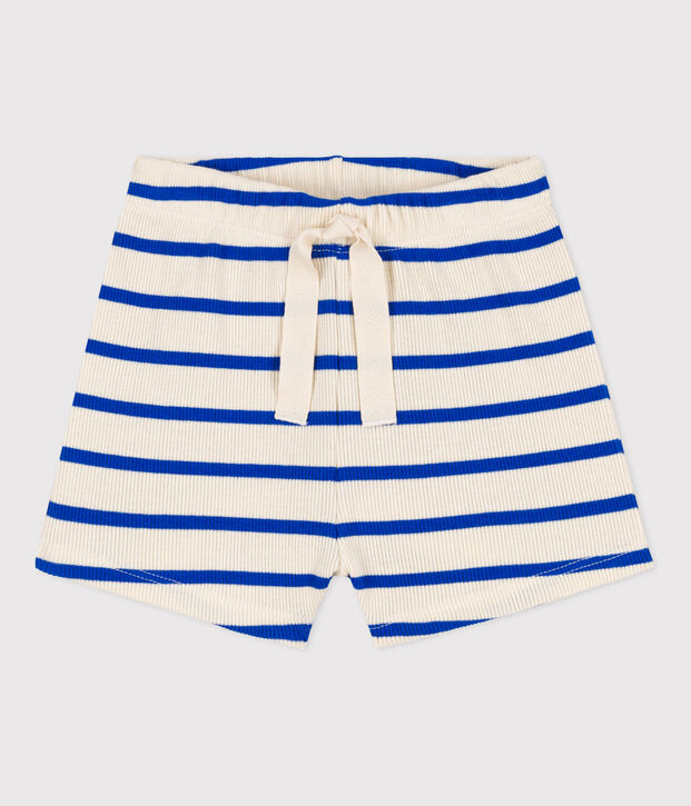 Short b&eacute;b&eacute; en maille c&ocirc;tel&eacute;e ray&eacute;e &eacute;cru/bleu
