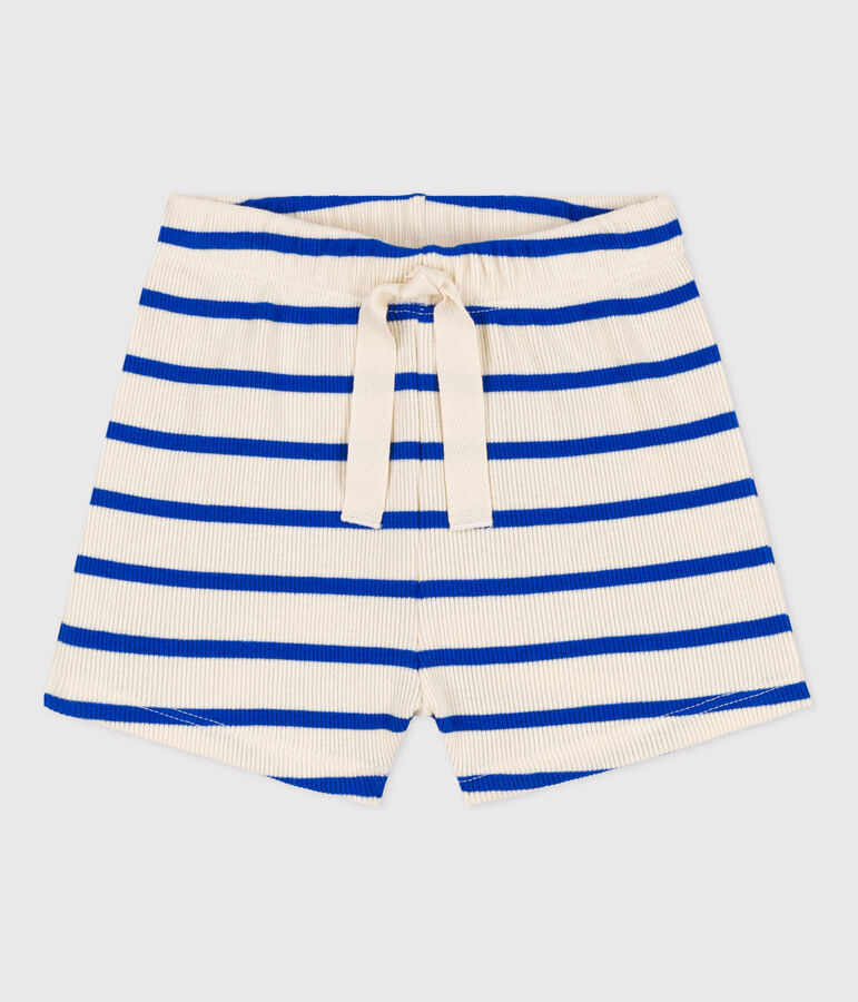 Gestreepte babyshort van ribstof ecru/blauw