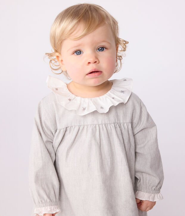 Robe b&eacute;b&eacute; en flanelle manches longues unie &agrave; col gris chin&eacute;