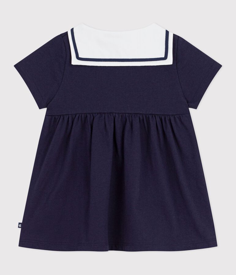 Robe b&eacute;b&eacute; en coton manches courtes, unie avec son col marin bleu
