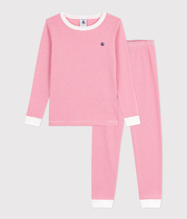 Pyjama enfant en coton tr&egrave;s ajust&eacute; &agrave; rayures rose/blanc