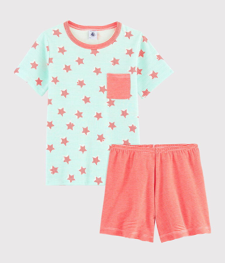 Gestreepte jongenspyjama van ribtricot met sterren wit MARSHMALLOW/wit MULTICO