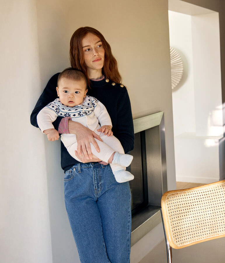 Ensemble 2 pi&egrave;ces b&eacute;b&eacute; cardigan jacquard en tricot blanc/bleu