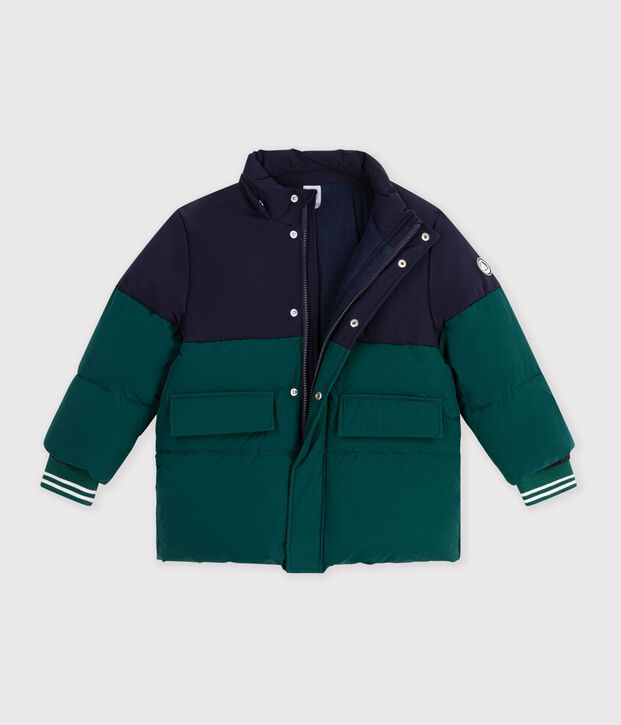 Effen donsjack voor kinderen met colorblock groen/blauw