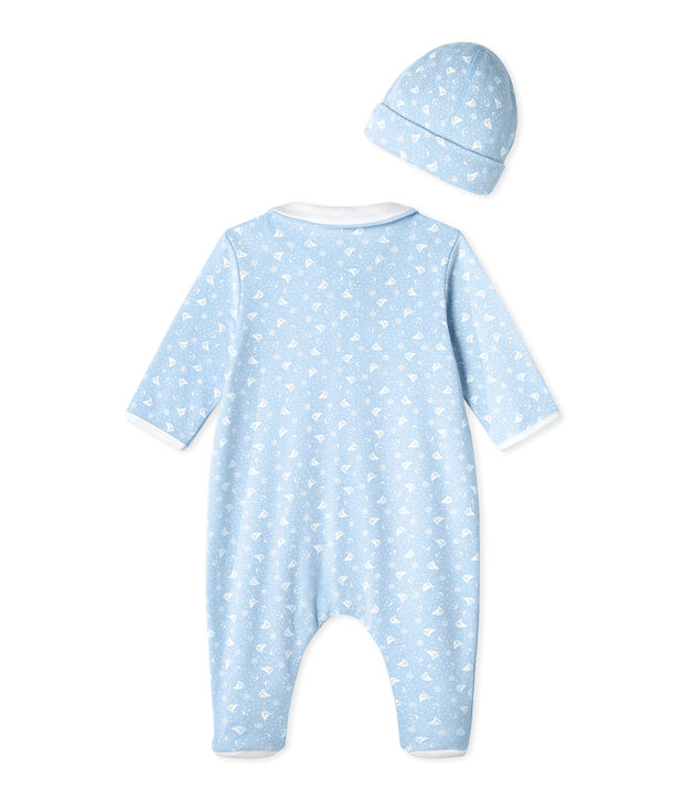 Dors bien b&eacute;b&eacute; et son bonnet de naissance bleu/blanc