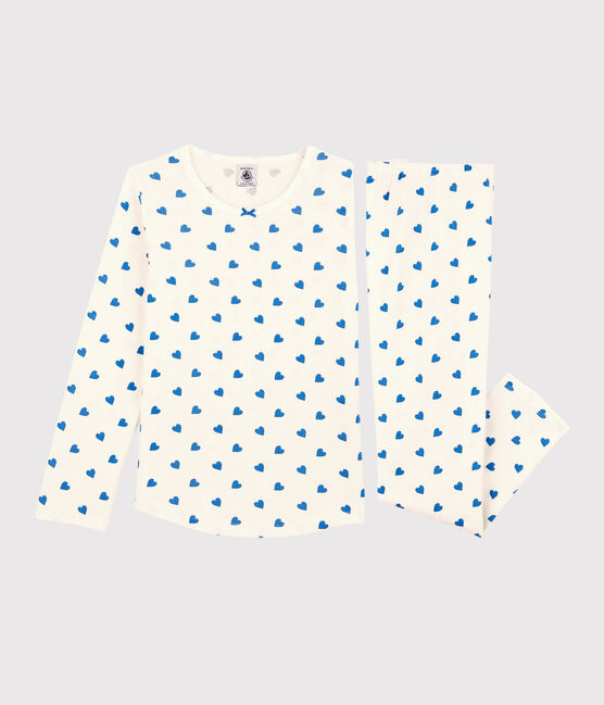 Meisjespyjama met print van blauwe hartjes in katoen wit MARSHMALLOW/blauw BRASIER