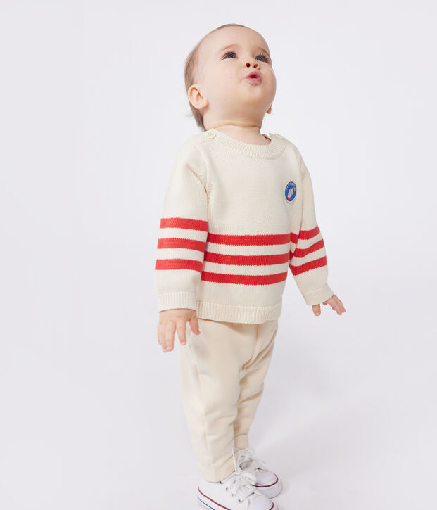 Pull b&eacute;b&eacute; en coton &agrave; rayures plac&eacute;es et badge &agrave; la poitrine rouge/rouge