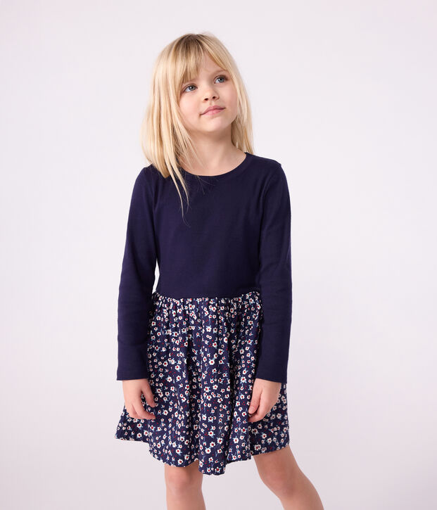 Robe enfant manches longues en coton bleu/multicouleur