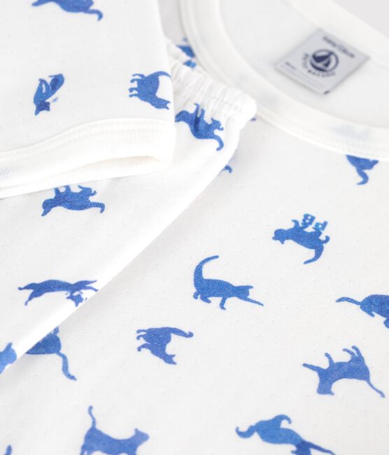 Katoenen kinderpyjama met katjesprint wit MARSHMALLOW/wit MULTICO