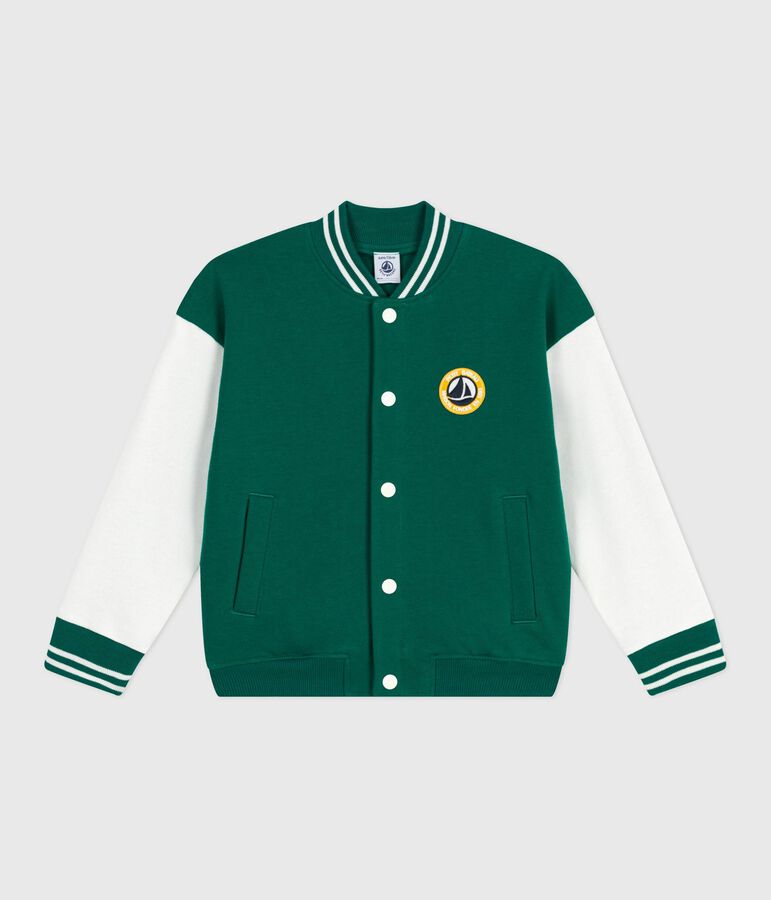 Veste teddy enfant en coton uni vert/&eacute;cru