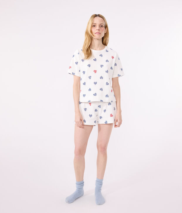 Pyjama short femme en coton imprim&eacute; coeurs blanc/multicouleur