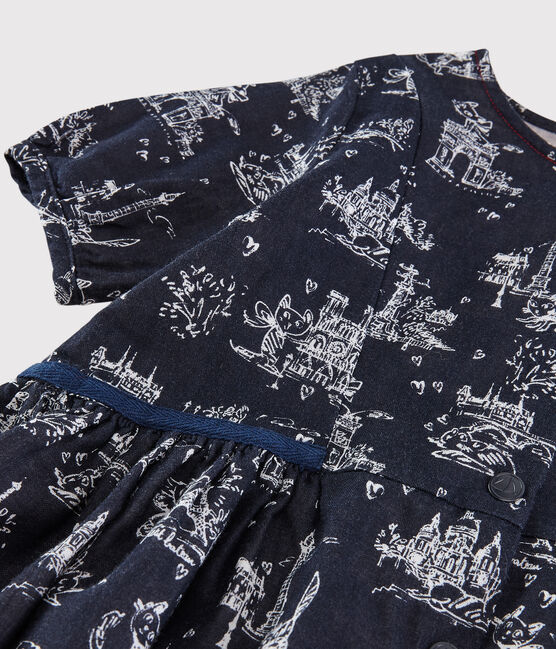 Meisjesjurk met korte mouwen in tubic blauw SMOKING/wit ECUME