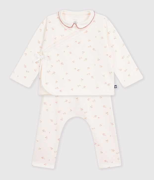 Katoenen babysetje met kraag met bloemenprint ecru/multicouleur