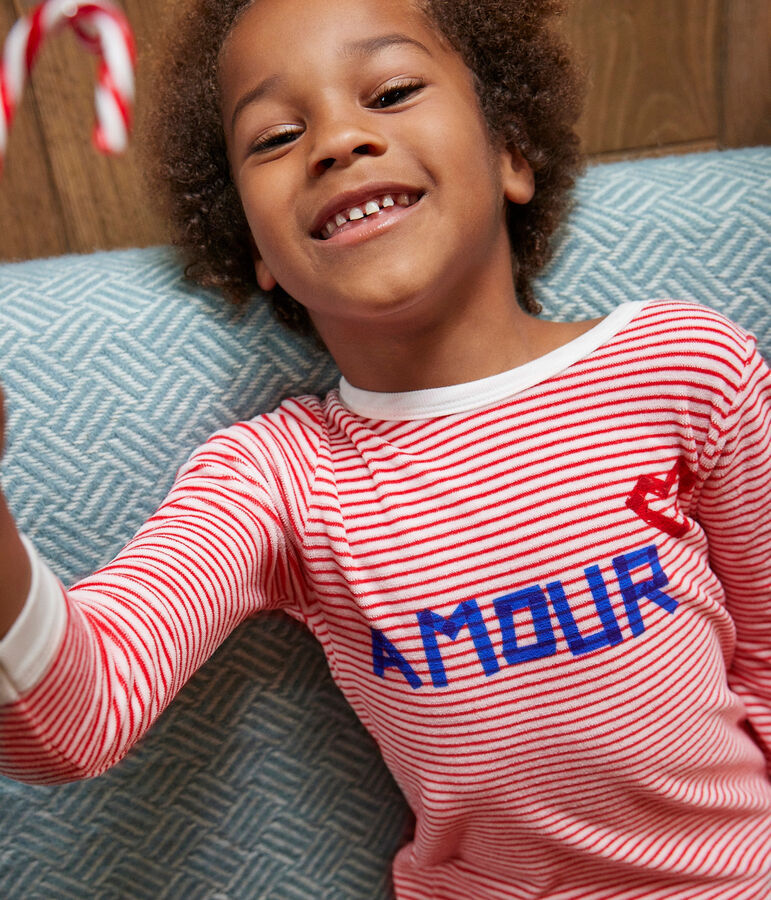 Pyjama ray&eacute; en velours enfant blanc/rouge