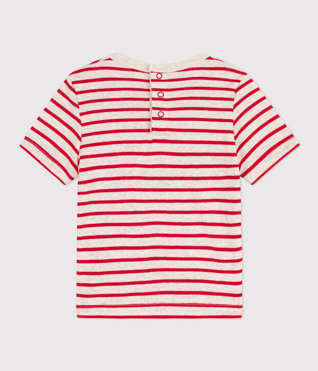 Katoenen T-shirt met korte mouwen en streepjes voor baby's beige/rood