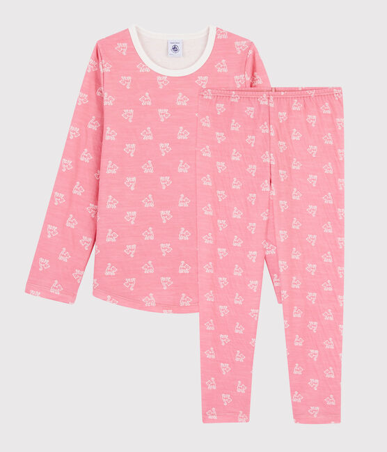Jacquard meisjespyjama van wol en katoen met katten roze CHEEK/wit MARSHMALLOW