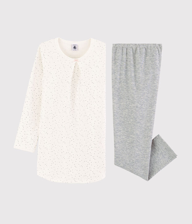 Chemise de nuit &eacute;toil&eacute;e avec legging petite fille en tubique blanc/gris