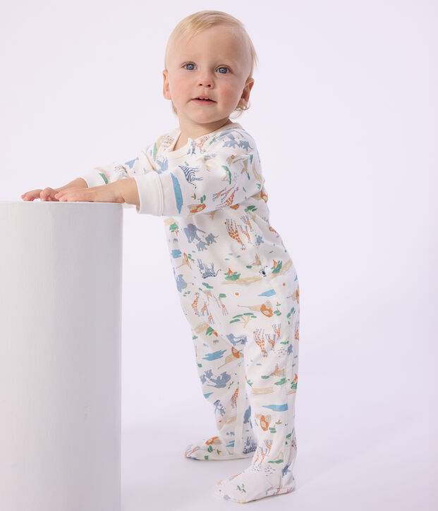 Katoenen babypyjama met rits en savanaprint wit/multicouleur