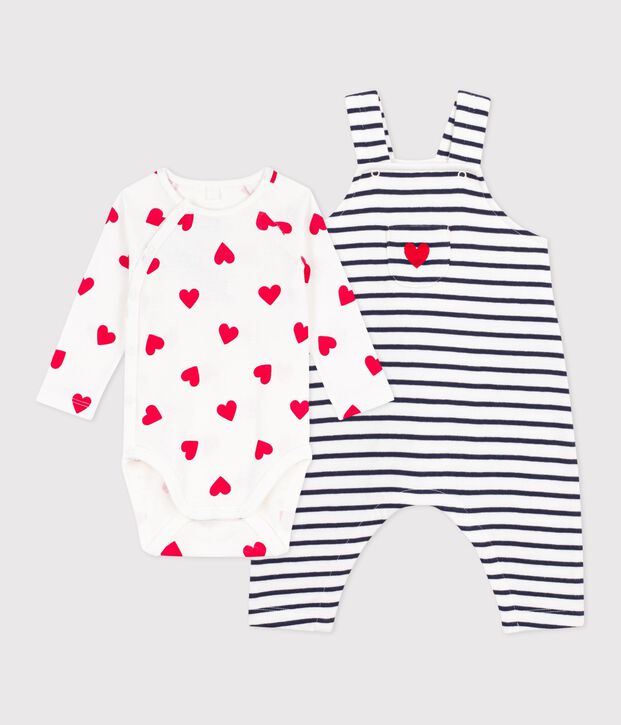 Ensemble salopette/body b&eacute;b&eacute; ray&eacute; et body imprim&eacute; c&oelig;urs blanc/bleu