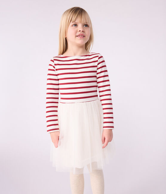 Robe enfant manches longues en coton et tulle rouge MILK/ AMARANTE
