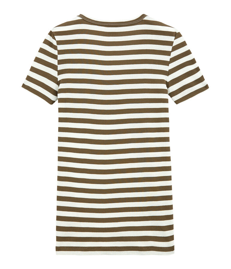 T-shirt femme col V en c&ocirc;te originale ray&eacute;e marron/blanc