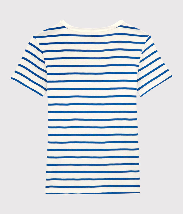 Tijdloos dames-T-shirt met V-hals in biokatoen wit MARSHMALLOW/blauw DELFT
