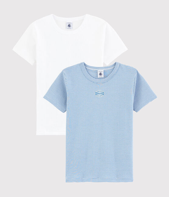 Set van 2 T-shirts van biologisch katoen met korte mouwen en dunne, blauwe strepen voor jongens variante 1