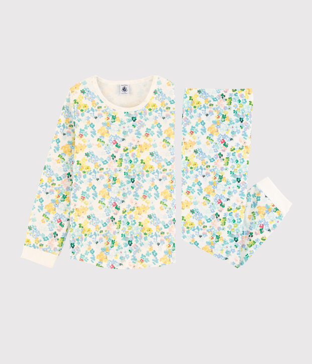 Pyjama &agrave; fleurs aquarell&eacute;es petite fille en molleton blanc/multicouleur