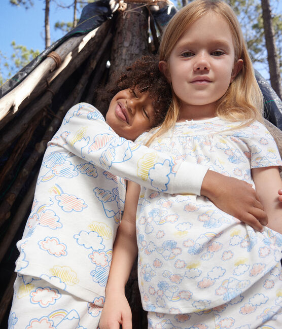 Katoenen pyjamashort met regenboogprint voor kinderen wit MARSHMALLOW/wit MULTICO