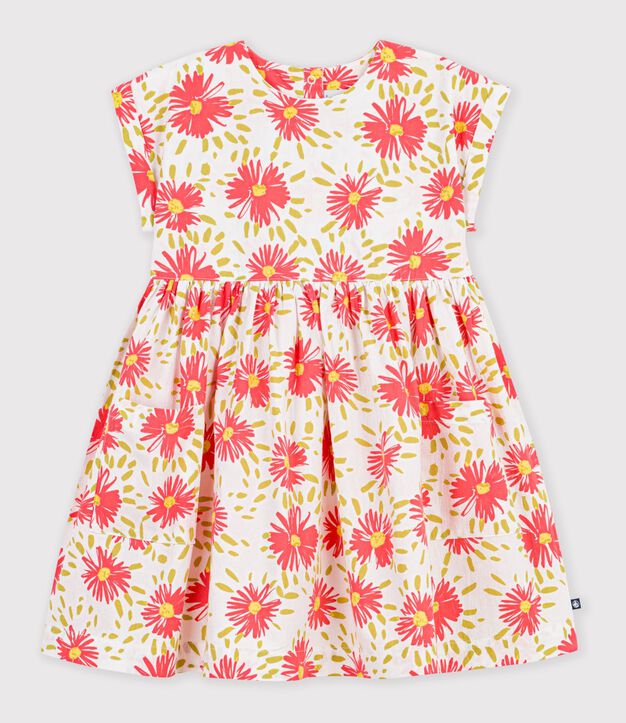 Robe enfant manches courtes en coton &agrave; fleurs blanc/multicouleur