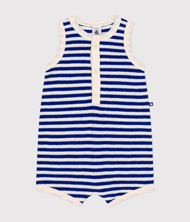 Combinaison courte en bouclette &eacute;ponge b&eacute;b&eacute; bleu/&eacute;cru
