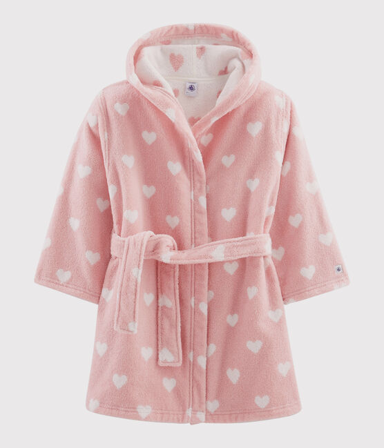 Badjas van badstof voor meisjes met hartjes roze CHARME/wit MARSHMALLOW