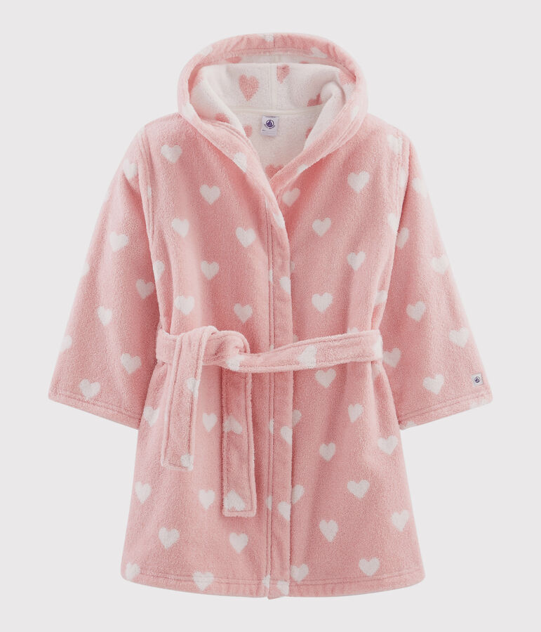 Badjas van badstof voor meisjes met hartjes roze/wit