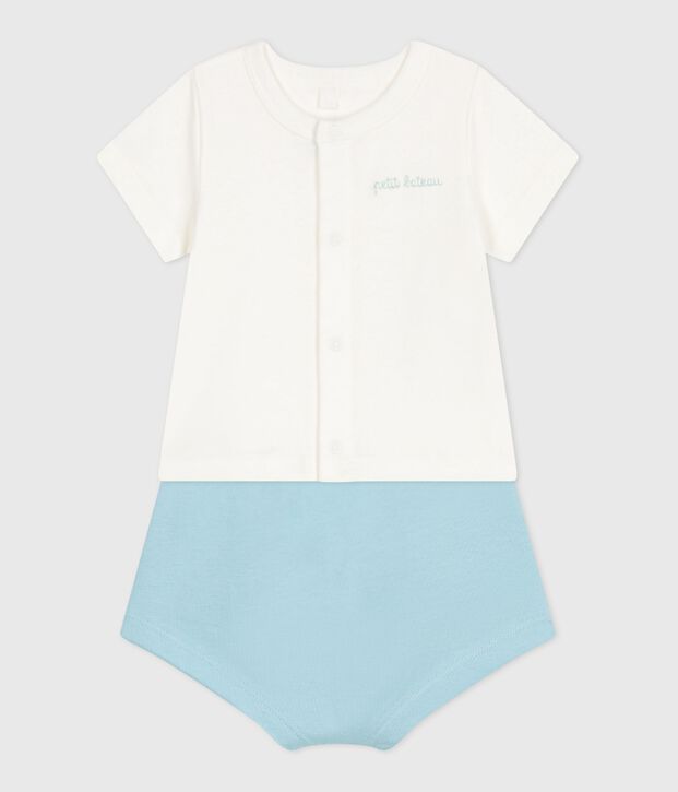 Tweedelig katoenen geboortesetje met effen onderstuk blauw/blauw