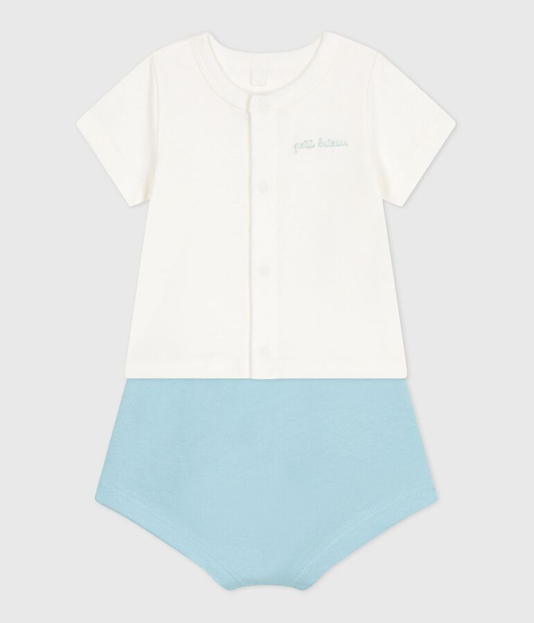 Ensemble naissance deux pi&egrave;ces en coton avec bas uni bleu MARSHMALLOW/ AQUATIC