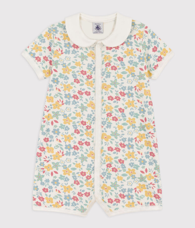 Korte playsuit met bloemen van katoen voor baby's wit/multicouleur