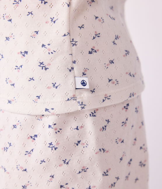 Korte kinderpyjama van ajourkatoen met bloemenprint wit MARSHMALLOW/wit MULTICO