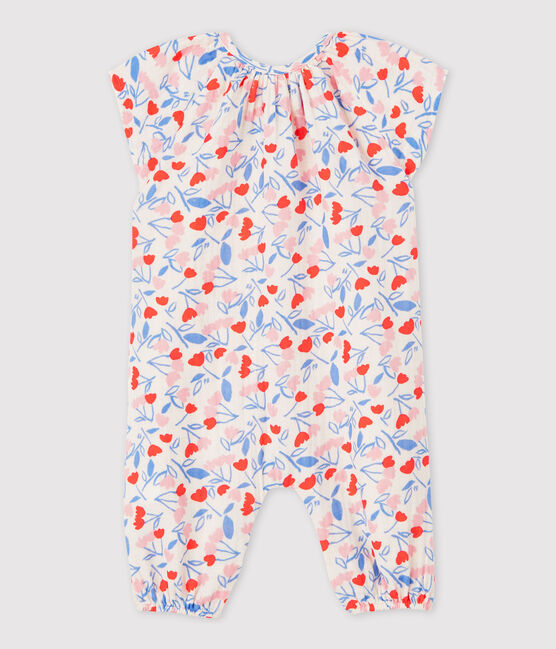 Lange gebloemde jumpsuit voor babymeisjes in luierstof van biologisch katoen roze FLEUR/wit MULTICO