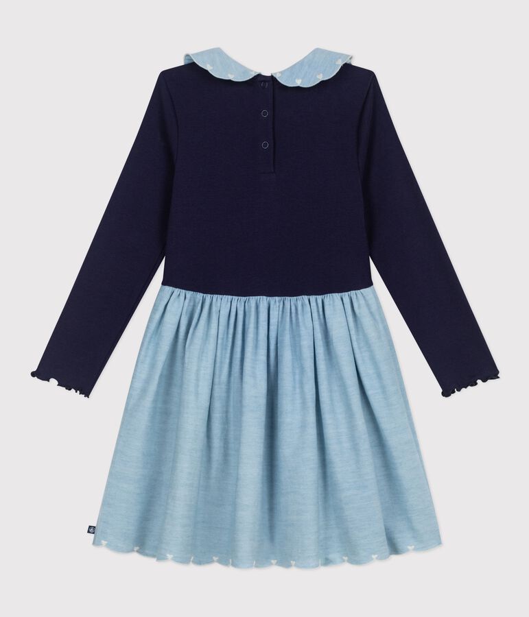 Katoenen kinderjurk met lange mouwen in twee materialen blauw SOIR