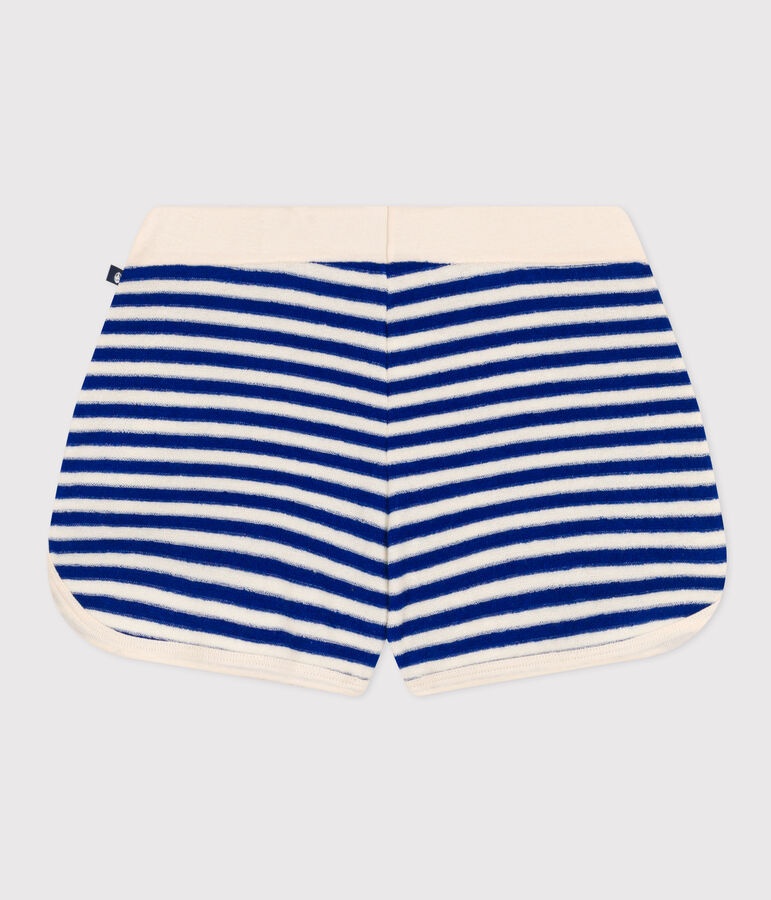 Short ray&eacute; en bouclette &eacute;ponge enfant fille bleu/&eacute;cru